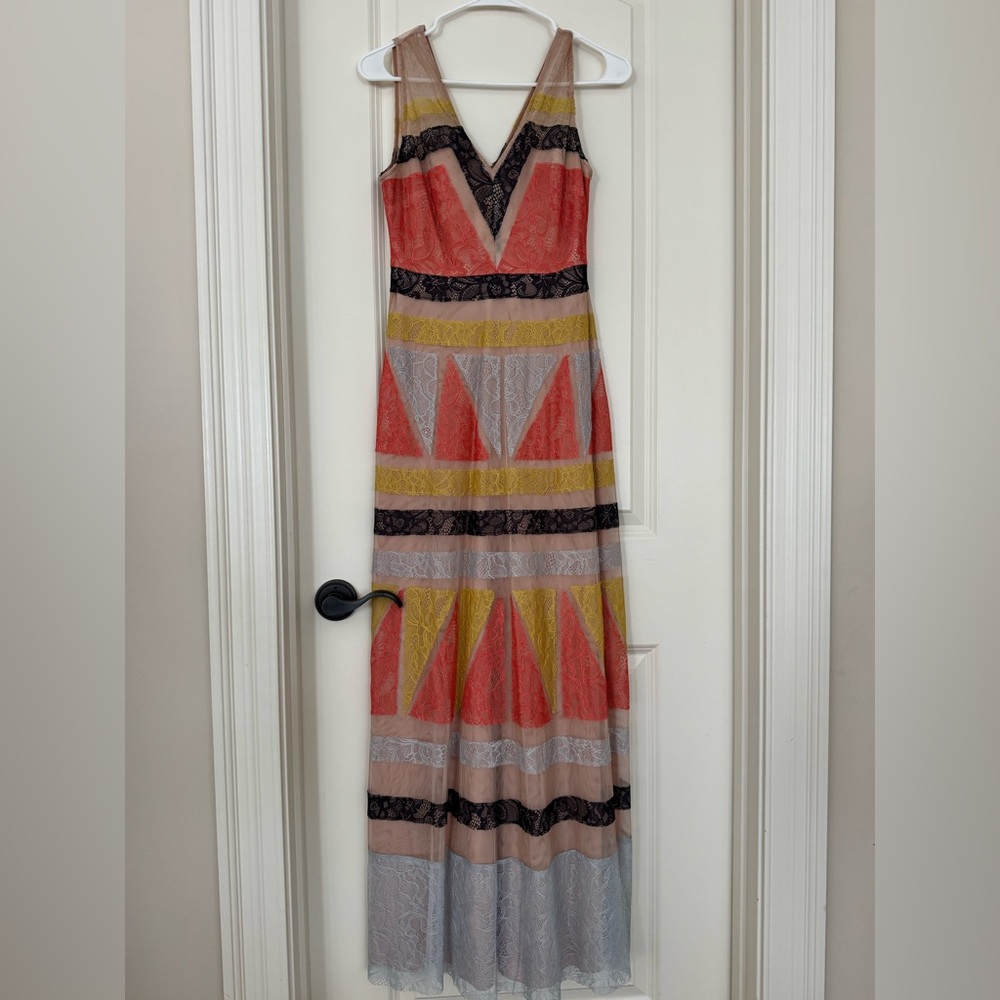 BCBG Lace Multicolor Geometric Maxi Dress